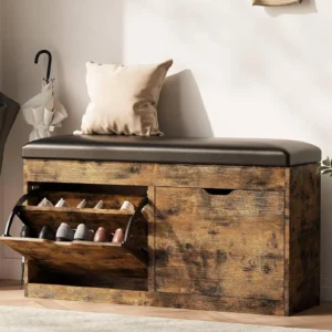 40" Shoe Storage Bench w/ 2 Flip Drawers & Padded Seat Cushion