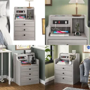 Charging Station Nightstand with Storage Drawers & Hutch