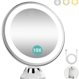 10x Magnifying Makeup Mirror 3 Lights Color Modes. Battery Operated Cordless with Suction Cup for Wall Bathroom Home