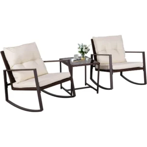 3-Piece Patio set Wicker Rocking Chairs W/ Glass Coffee Table