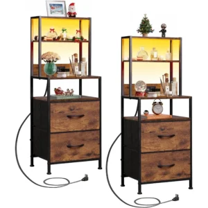 Nightstand Set of 2 with Charging Station LED Night Stand Sets with 2 Drawers and 4 Storage Open Shelves Fabric Dressers