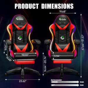 Racing style Gaming Chair with RGB LED Lights for Adults & Kids, Lumbar Massager & High Back
