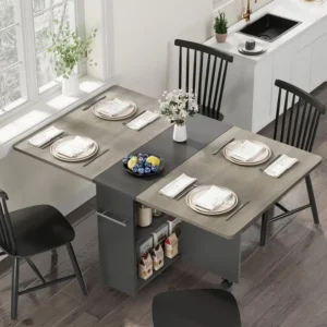 Folding Farmhouse style Dining Table with 4 Storage Shelves & 6 Wheels w/ Expandable Kitchen Drop Leaf