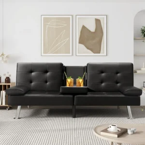Futon Sofa Bed Modern Faux Leather Couch Bed with Cup Holders & Armrest